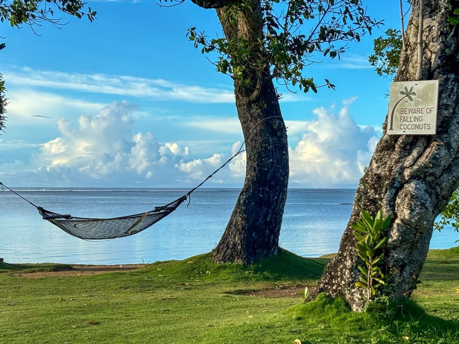 Hammock strung between palms on the beach at The Naviti Resort